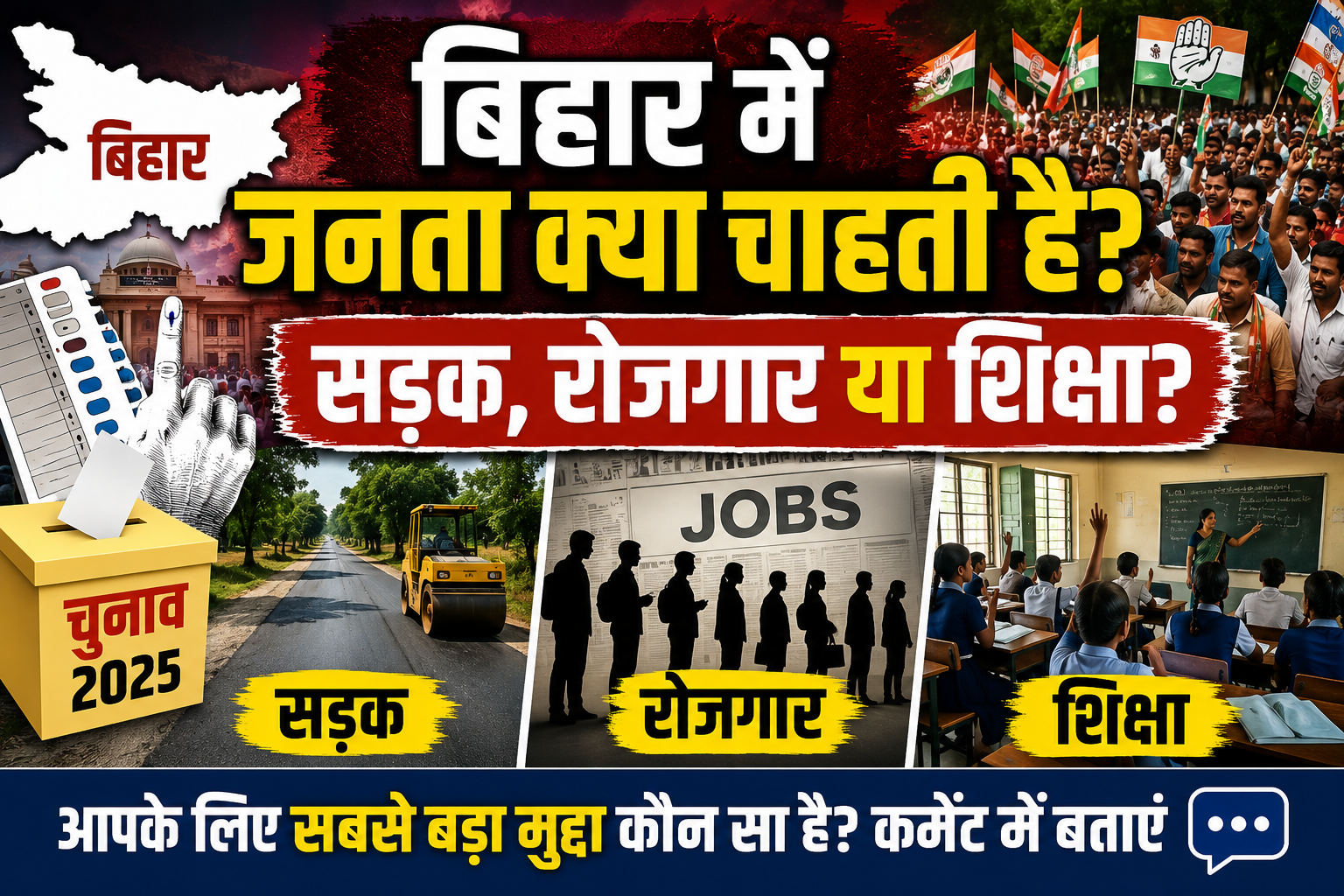 बिहार की राजनीति – चुनावी माहौल के बीच जनता क्या चाहती है? सड़क, रोजगार और शिक्षा पर बड़ी चर्चा